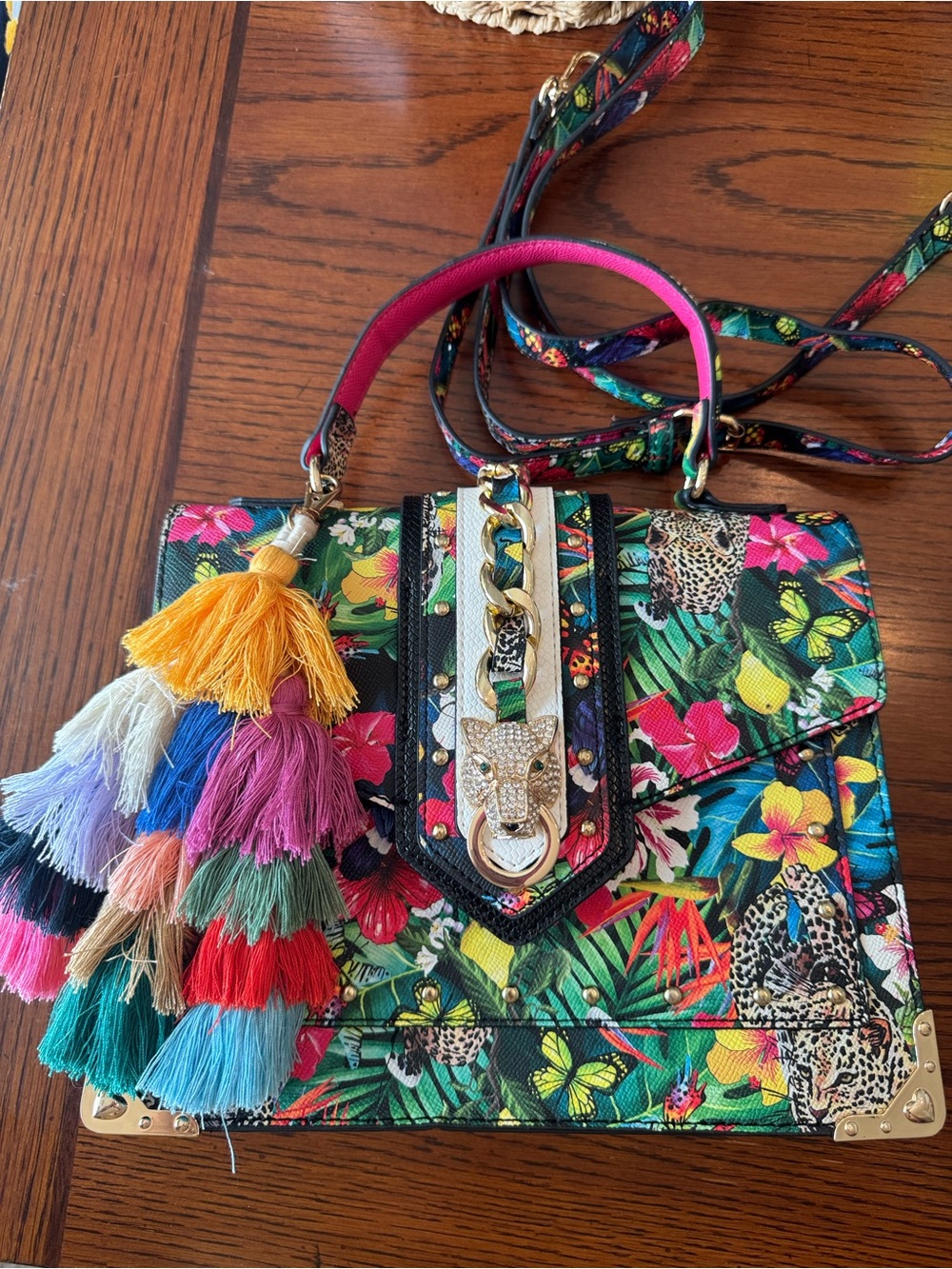 Aldo Baro Crossbody Purse with Top Handle Jeweled Cat Jaguar Panther Floral